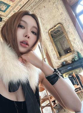 Mas Mash 蝴蝶结系带飘带围脖狐狸毛领女甜美可爱时尚感皮草围巾