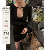 迷人姐姐 Mas Mash 丝滑镂空弹力夹棉打底针织连衣裙性感黑裙女冬