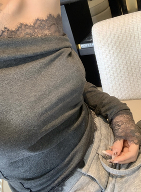 Mas Mash 佛罗伦萨黄昏 拼接蕾丝斜肩长袖露肩打底衫女春显瘦上衣