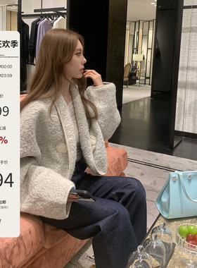 Mas Mash 玛奇朵之吻 短款落肩牛角扣羊毛毛呢外套女小众宽松上衣