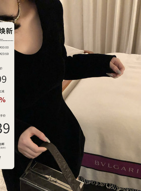 Mas Mash 爱丽丝 黑色v领直角肩长袖丝绒裙收腰蓬蓬连衣裙女秋冬