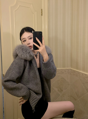 Mas Mash 那不勒斯幻想 真狐狸毛领针织开衫女冬拉链连帽毛衣外套