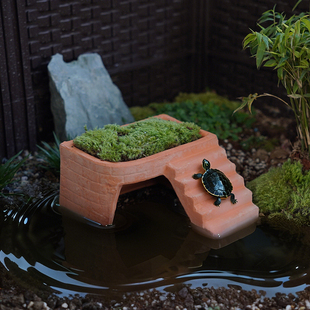 陶土乌龟躲避屋晒台深水龟缸巴西龟晒背台带爬梯黄缘造景红陶洞穴