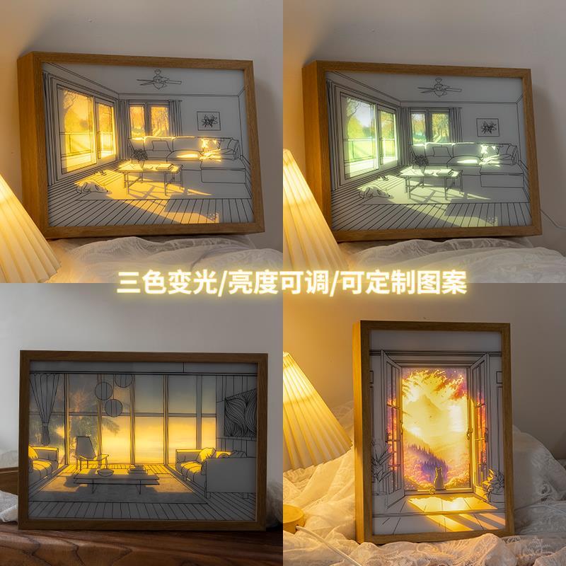 灯光画阳礼物情侣小夜ins床头灯装饰画网红灯艺术素描空房子相框图片