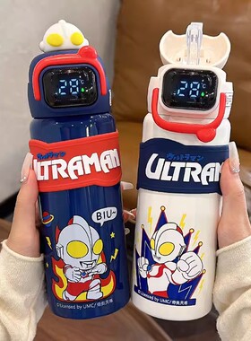 日本奥特曼儿童智能显温保温杯带吸管水杯316不锈钢小学生上学用