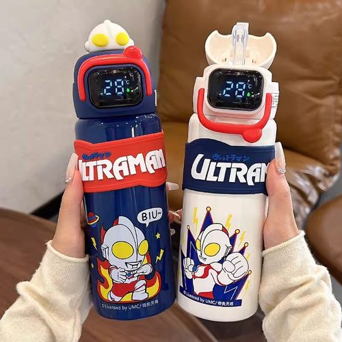 日本奥特曼儿童智能显温保温杯带吸管水杯316不锈钢小学生上学用