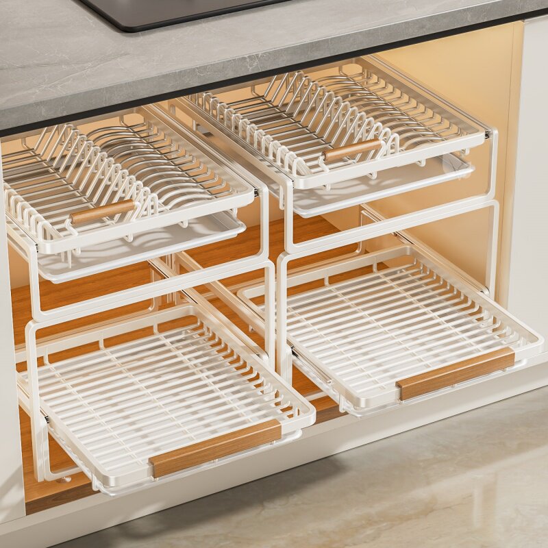 厨房抽拉碗碟架橱柜内拉篮碗架抽屉式放碗盘子收纳沥水多层置物架
