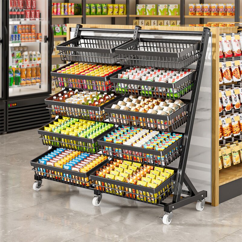 超市生鲜货架落地移动果蔬展示架水果店蔬菜五层斜口篮零食置物架