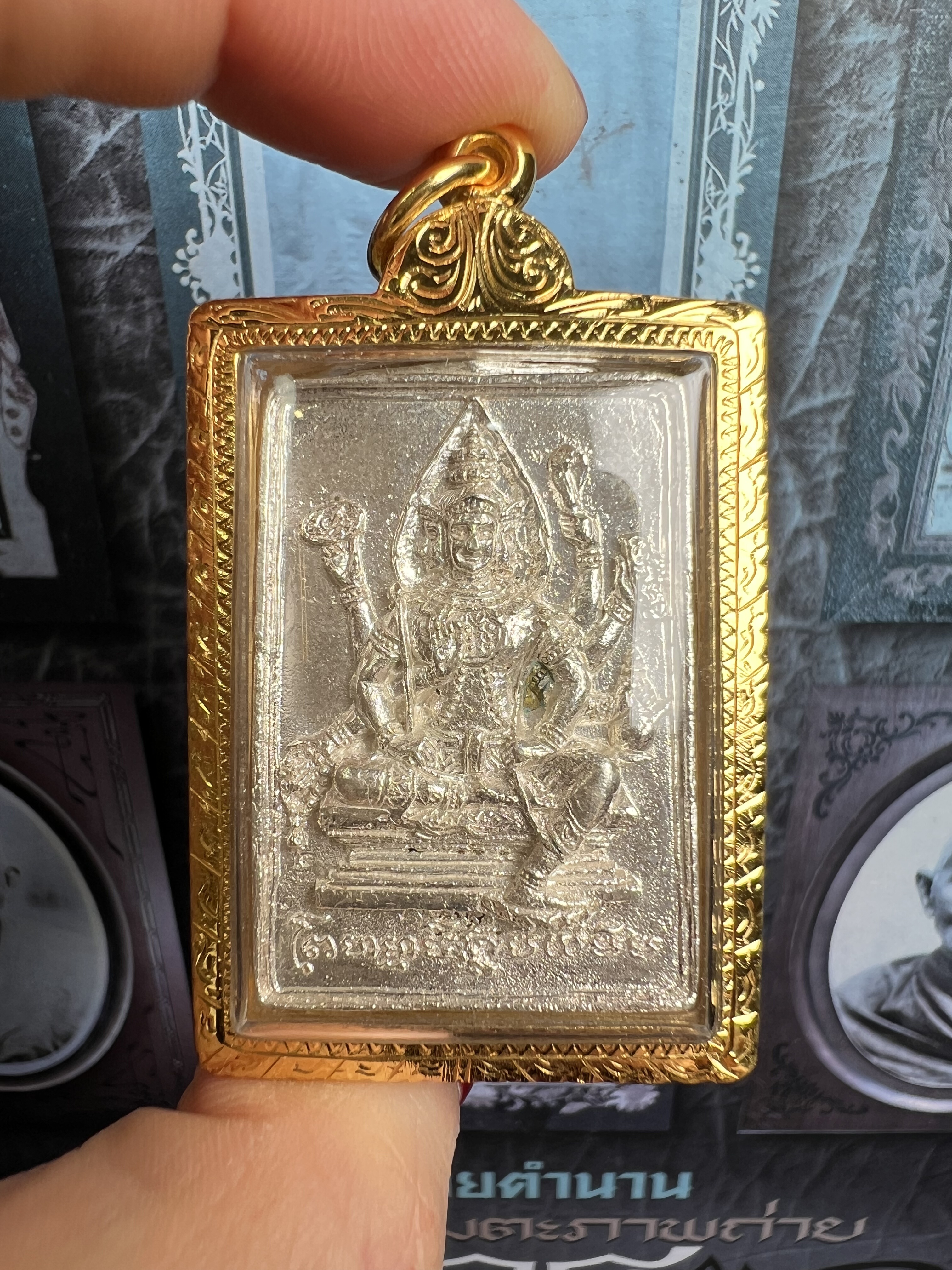 龙婆碰2556纯银双面四面佛 k金壳萨玛空卡 泰国佛牌四面神吊坠