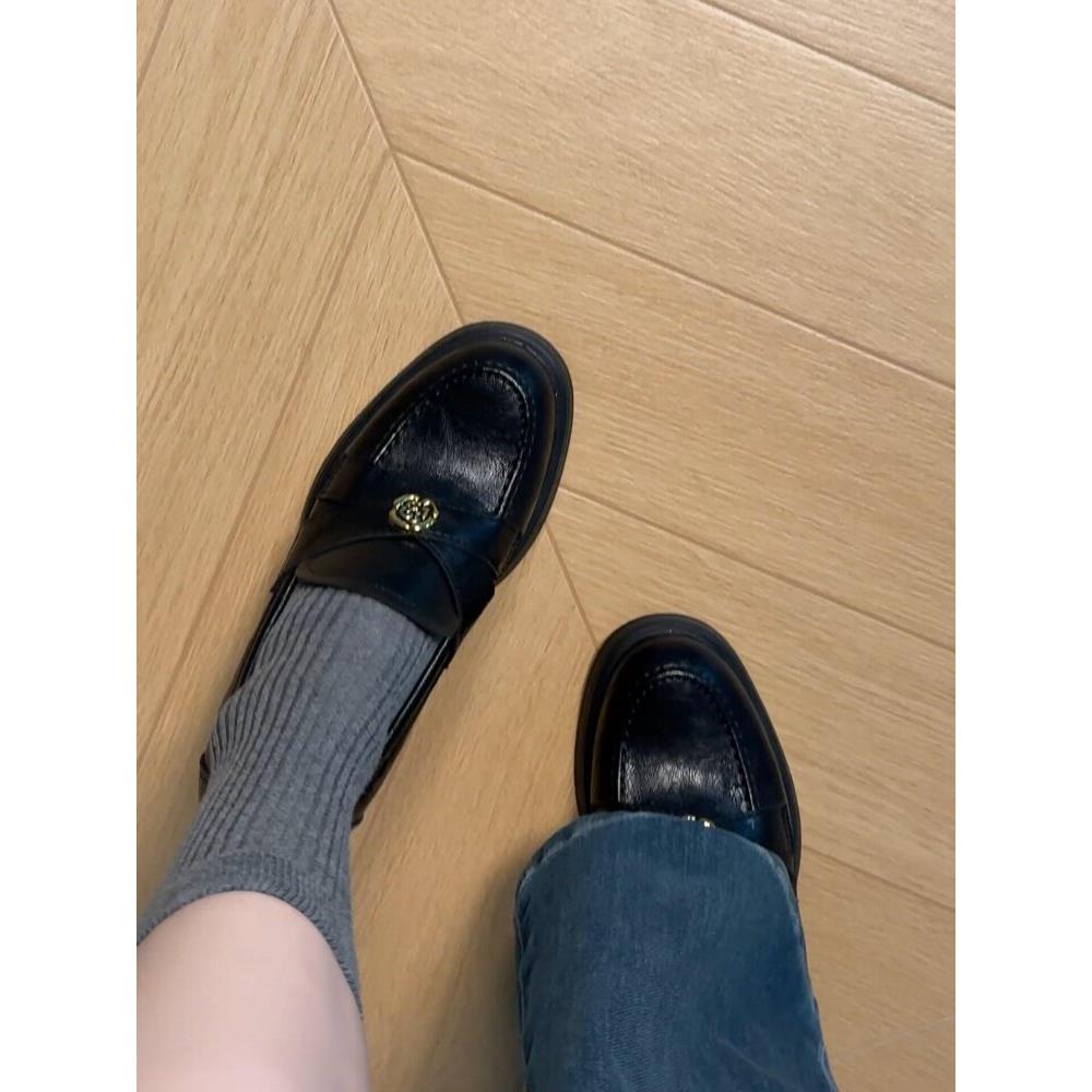 羊皮版~时尚复古金属扣乐福鞋女真皮2026新款小个子一脚蹬小皮鞋