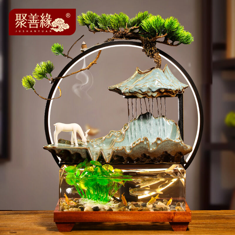 聚善缘流水生财摆件创意新中式招财流水循环水鱼缸客厅办公室开业
