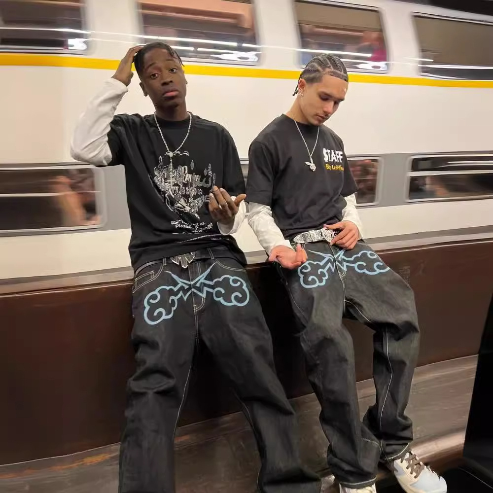 Y2k牛仔裤嘻哈打印裤子男子2023年新原宿时尚朋克摇滚直筒牛仔裤