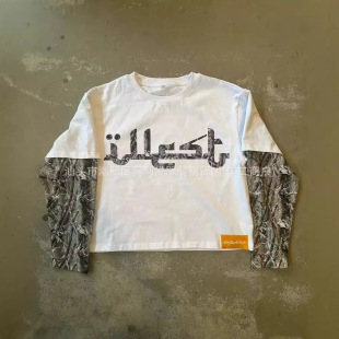 t恤 拼接字母印花圆领长袖 跨境厂家直销小众设计感2024夏季 新款