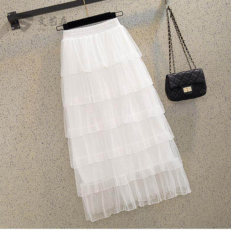 网纱半身裙中长款女2025新款秋冬超仙层层蛋糕裙白色长裙过膝裙子