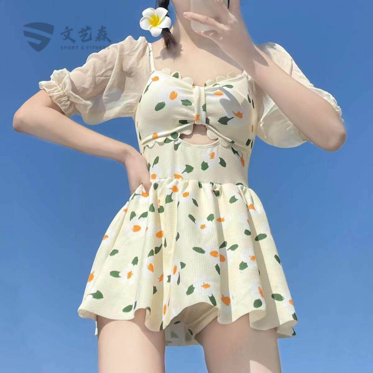 游泳衣女仙气连体荷叶边保守显瘦遮肚温泉甜美小清新学生泳装