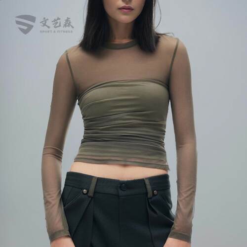 性感网纱长袖瑜伽服两件套带胸垫