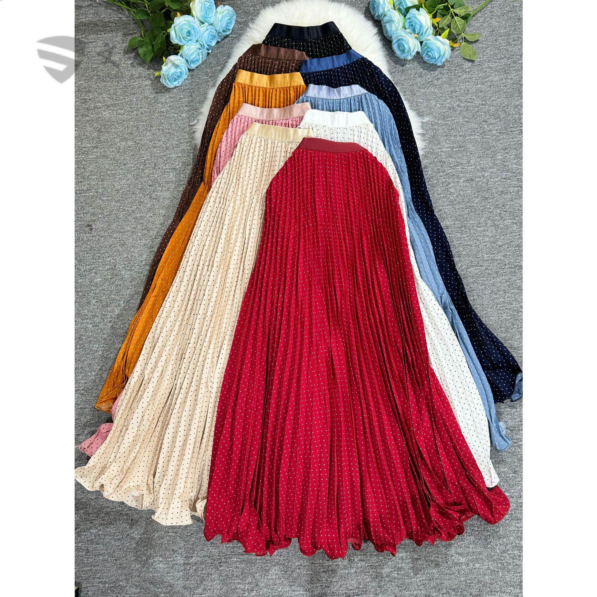 压褶波点半身裙经典百搭高腰显瘦波浪裙边气质a字长款裙子女