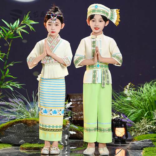 新款儿童米色傣族泼水节孔雀舞含