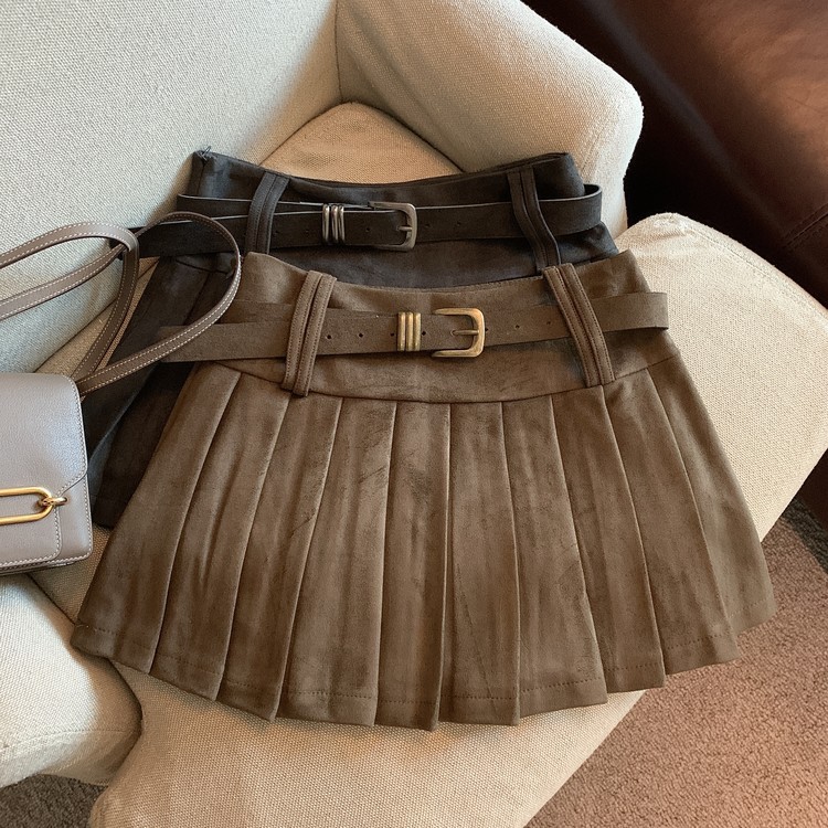 重工美拉德风仿鹿皮绒高腰百褶女