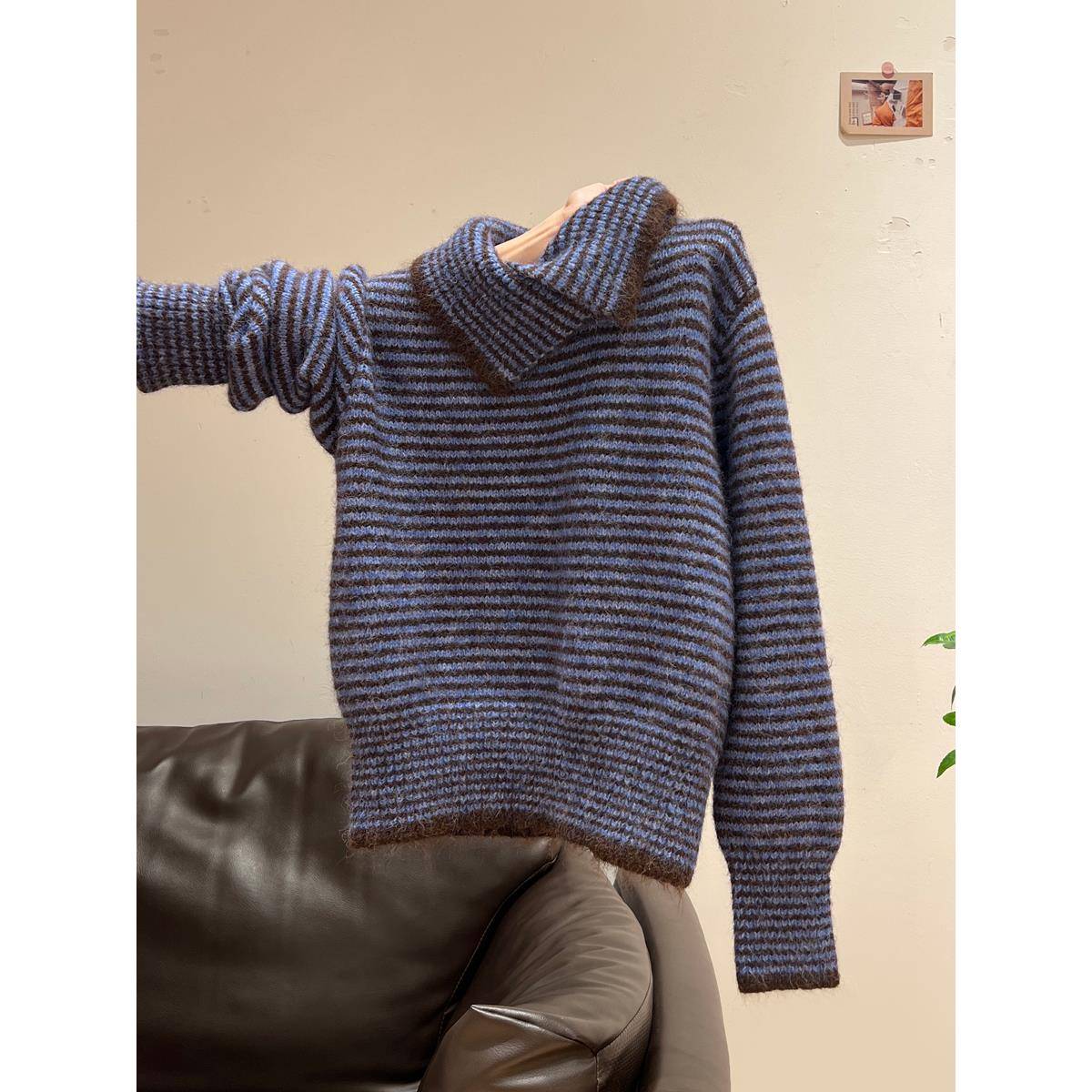 条纹高领长袖加厚毛衣女外套2025秋冬季慵懒风宽松显瘦针织衫上衣