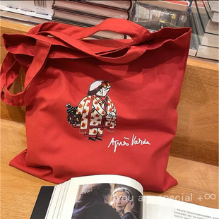 瓦尔达amfs法国电影同款超火红色爆款女性主义手绘质感外出帆布包