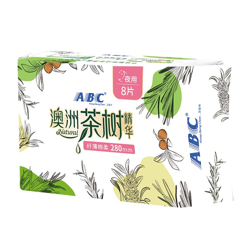 ABC卫生棉女澳洲茶树精华夜用280mm组合装姨妈巾S整箱正品80片