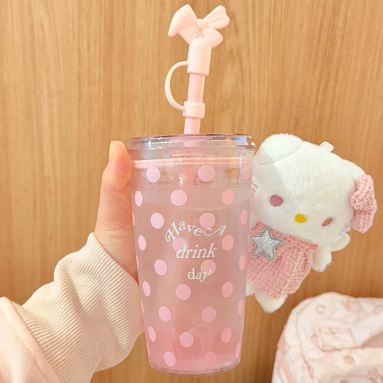 韩系粉色波点少女心吸管高颜值ins风便携办公室奶茶咖啡杯牛奶杯