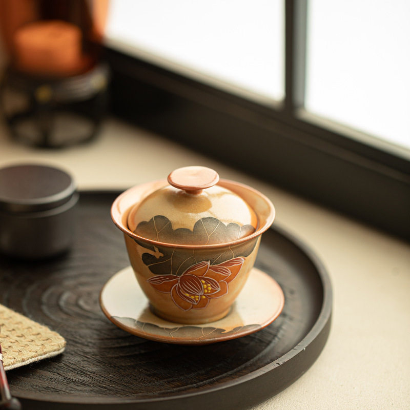 跨境景德镇手工柴烧纯手绘墨彩盖碗三才盖碗荷花泡茶碗复古陶瓷茶,餐饮具,茶杯,淘宝优惠券,粉丝福利购,淘宝优惠卷