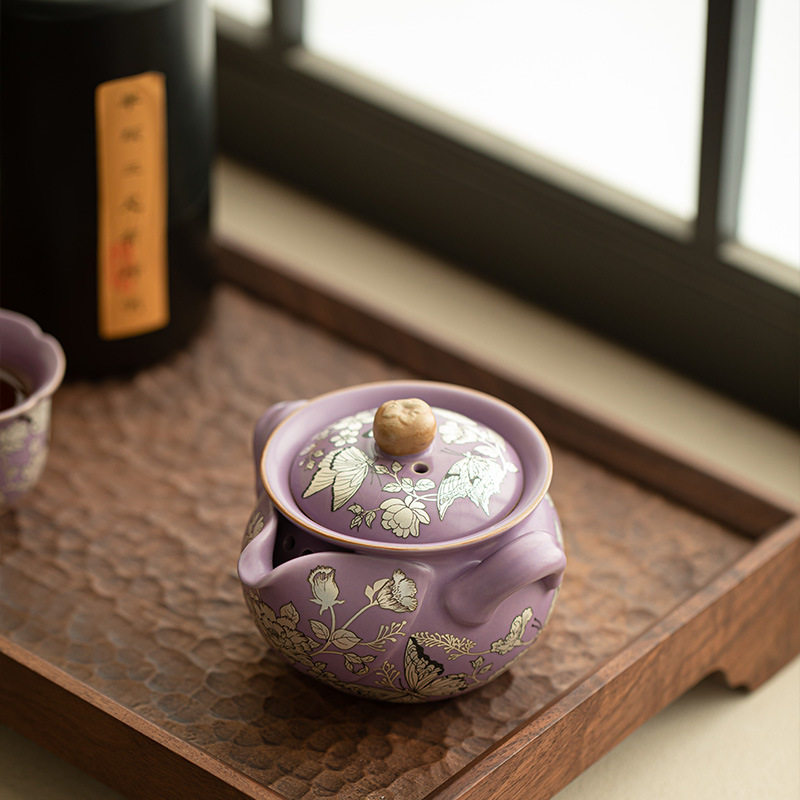 景德镇紫汝银蝴蝶茶壶手抓壶