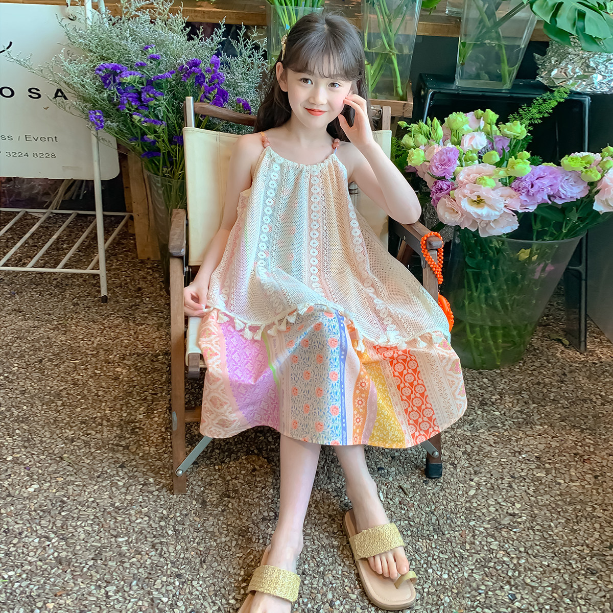 女童夏季连衣裙2024新款儿童民族风吊带沙滩裙波西米亚女孩裙子夏