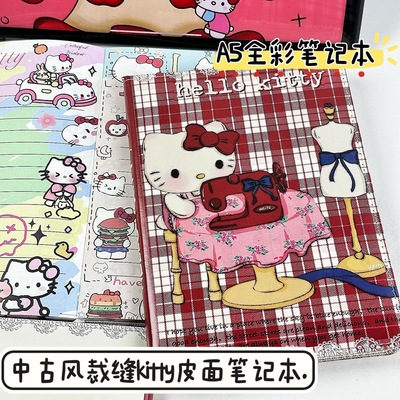 可爱高颜值中古风裁缝kt猫皮质笔记本A5全彩绘内页学生手账横线