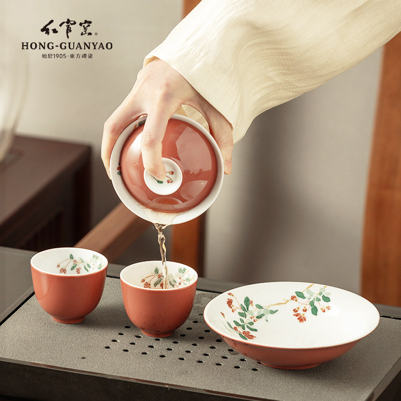 红官窑功夫茶具海棠三才盖碗套装手绘釉下彩陶瓷茶杯新款醴陵瓷器,餐饮具,功夫茶具,淘宝优惠券,粉丝福利购,淘宝优惠卷