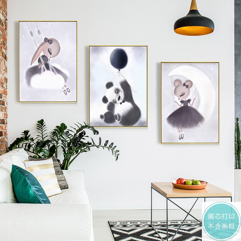 北欧现代粉色手绘可爱卡通动物动漫人物儿童房打印装饰画芯挂画芯图片
