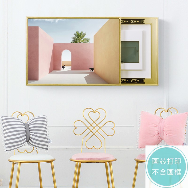 现代工业风挂画芯简约北欧艺术雕塑莫兰迪色粉色建筑猫咪装饰画芯图片