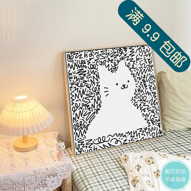 北欧韩国ins猫咪黑白线条铅笔画小众卡通摆台打印装饰画芯油画布