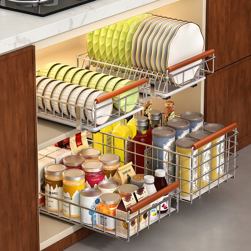 不锈钢可抽拉碗碟收纳架厨内置物架抽屉式拉篮抽拉碗盘子沥水碗架
