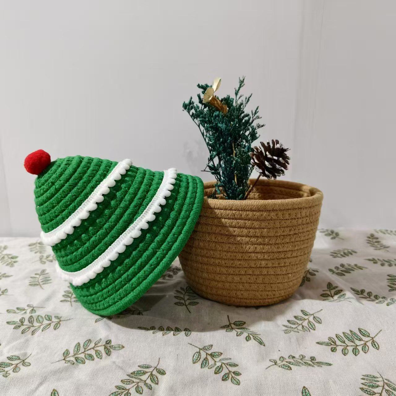 北欧圣诞树棉线收纳筐编织零食玩具床头化妆品收纳整理篮圣诞装饰