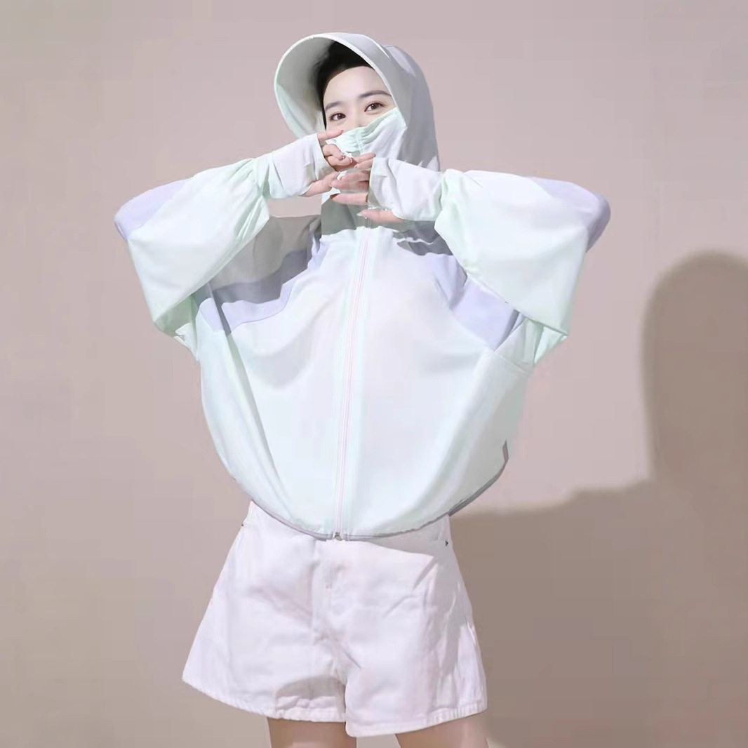 网红夏季冰丝防晒衣女宽松拼接防晒衣带帽子遮脸轻薄透气防晒服