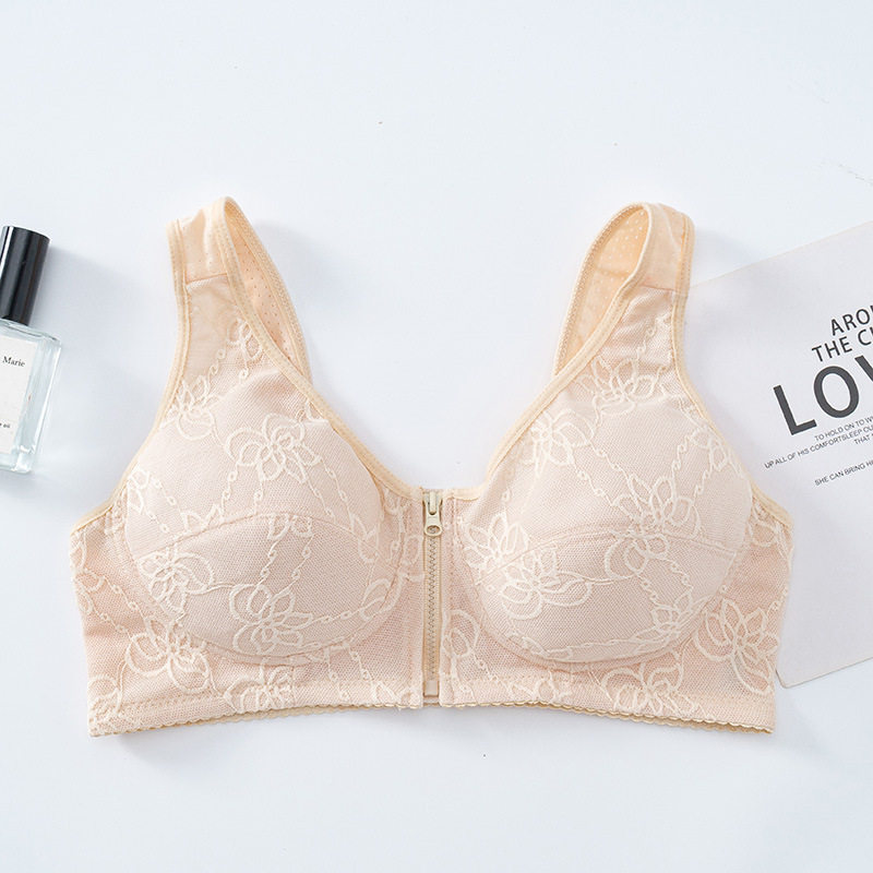 中老年内衣女大码前拉链文胸薄款老年人文胸蕾丝纯棉背心式