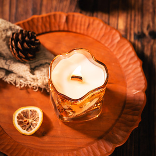 禅修颂钵疗愈瑜伽冥想香薰蜡烛异型玻璃杯木芯木质香调沉香蜡烛