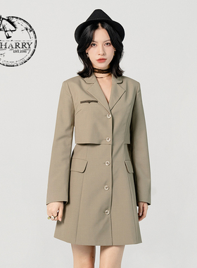 D-HARRY/迪哈利卡其色连衣裙春新款羊毛西装领裙子DH231J95907D