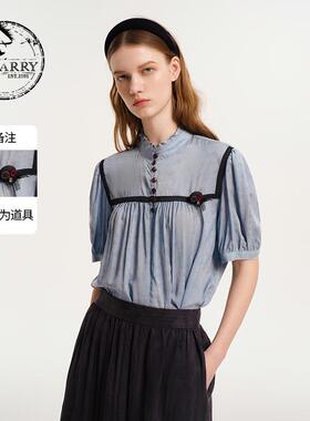 D-HARRY/迪哈利秋新款复古文艺蓝色短袖衬衫单衣DH243R97552D