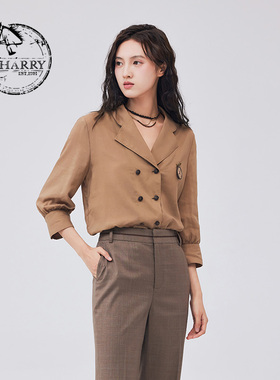 D-HARRY/迪哈利2023秋新款复古休闲西装领深卡其衬衫DH233D96321D