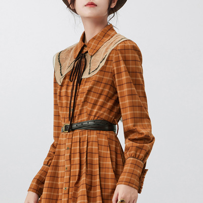 格子复古聚酯纤维百搭连衣裙