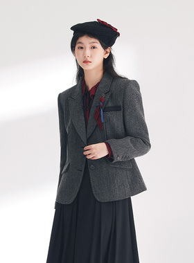 D-HARRY/迪哈利2024春季新款复古学院风花灰细格西装DH241A96870D