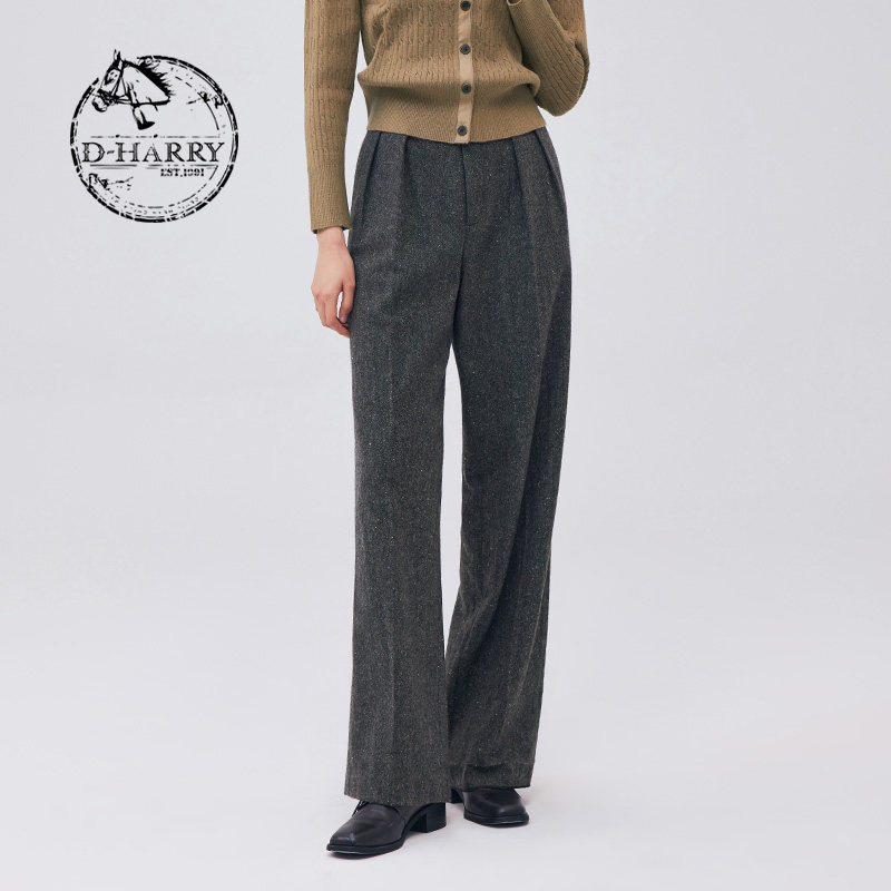 D-HARRY/迪哈利秋新款复古优雅羊毛花灰直筒长裤DH233L96529D