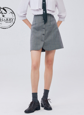 D-HARRY/迪哈利2023秋新款时尚百搭A字灰色条纹短裙DH233M96326D
