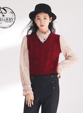 D-HARRY/迪哈利2024春复古红色提花气质毛织马甲背心DH241C96979D