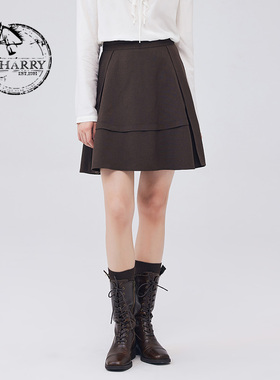 D-HARRY/迪哈利秋新款复古文艺高腰减龄咖色半裙DH233M96367D
