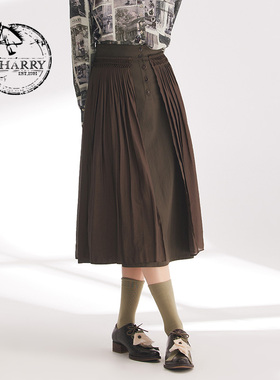 D-HARRY/迪哈利春新款复古军绿色百褶半身中长裙DH241M97006D